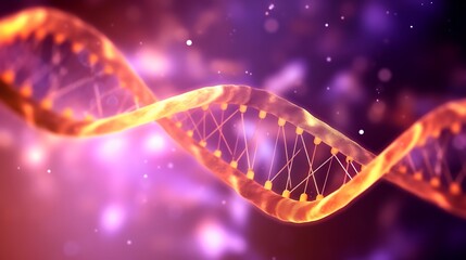 A soft-lit 3D illustration of a DNA helix with complex particle interactions, warm orange and violet color tones, the background filled with a fog of microscopic particles.