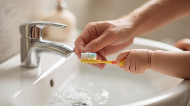 Child's hand holding a yellow toothbrush, while an adult hand turns on the faucet, preparing for a fun and engaging teeth brushing experience in a bright bathroom setting
