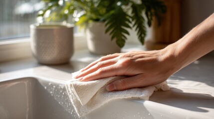 Hand of a person cleaning a kitchen countertop with a cloth, sunlight streaming through the window, showcasing a fresh and tidy home environment with greenery in the background