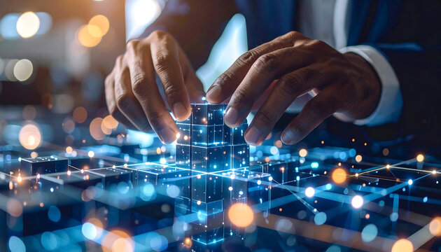 Human hands connect glowing digital cubes, symbolizing data networks and future innovation.