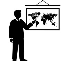 World Map Presentation: A professional gives a presentation using a world map with pointers indicating key locations, highlighting global business or travel destinations in a simple.