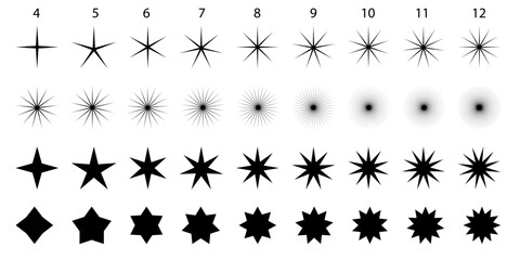 Various stars shapes icon set. Star samples silhouettes, magic spark shape, abstract glitter