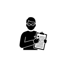 Guide in Action: Silhouette of the Informative Educator: A minimalist depiction of an educator, holding a clipboard and pen, offering information and insight, set against a stark background.