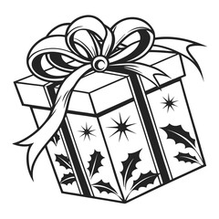 Beautiful gift box adorned with ribbon, starburst, and holly patterns isolated on white
