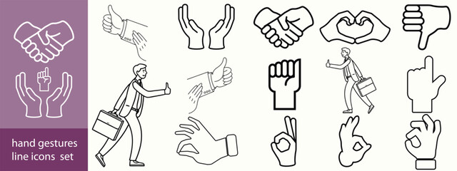 Business Hands Line Editable Icons set. Vector illustration in modern thin line style of different hand gestures: like, dislike, handshake, teamwork, perfect, and more.