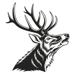 Black silhouette depicts a roaring stag's head with majestic antlers pointing upwards against white