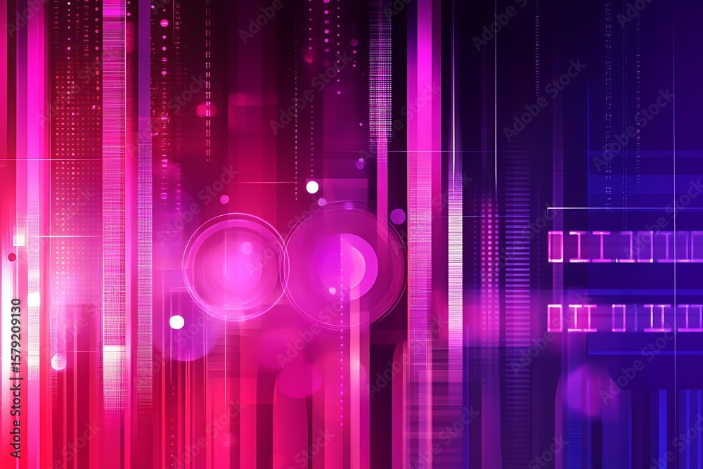 Wall mural abstract technology background with digital binary code, circles, and glowing light effects