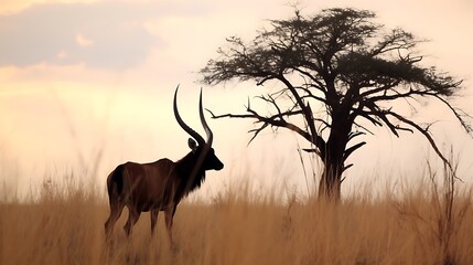 Obraz premium A solitary sable antelope standing tall in golden grass, sharp horns silhouetted against a pale evening sky, scattered trees framing the distant background.