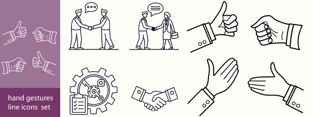 Business Hands Line Editable Icons set. Vector illustration in modern thin line style of different hand gestures: like, dislike, handshake, teamwork, perfect, and more.