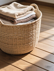 Obraz premium Folded Towels in Rattan Basket on Floor