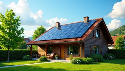 Solar panels on a house reducing energy costs, bright, finance