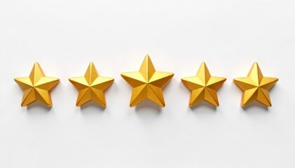 Five star rating, filled gold stars on white background, graphic, five, minimalist