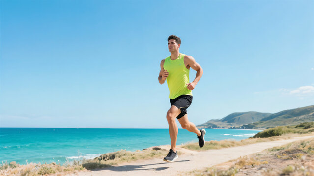 Athletic man jogging along coastal path with ocean and mountains in the background on sunny day

