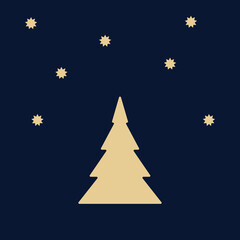 Golden Christmas tree icon with stars. Xmas holiday pine silhouette, Gold Christmas tree flat illustration, holiday tree with falling snowflakes