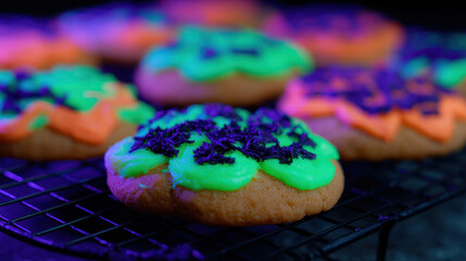 Colorful pumpkin cookies with vibrant icing on cooling rack