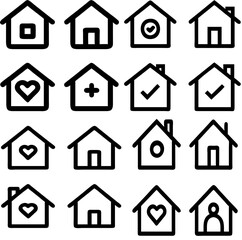Set of vector house icons in flat, outline, and filled styles. Perfect for real estate logos, property websites, mobile apps, and home-related design projects. Includes modern, minimalist home symbols