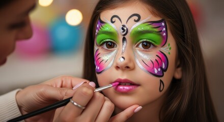 Close up of a young girl face with colorful butterfly paint and pink lipstick being applied