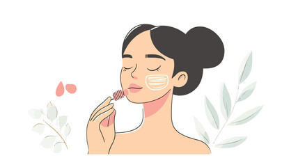 Woman using facial roller for skin care massage with smooth skin and closed eyes in flat minimalist style vector illustration