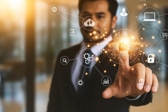 AI Integration: A Businessman's Touch Unveiling the Power of Artificial Intelligence and Cloud Computing with Data Analytics in a Modern Tech-Driven Business World - Powered by Adobe