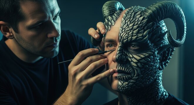 Professional makeup artist applying elaborate prosthetic creature makeup to an actor - Powered by Adobe