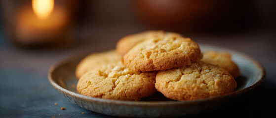 Fototapeta premium Golden pumpkin cookies on plate with warm, cozy ambiance