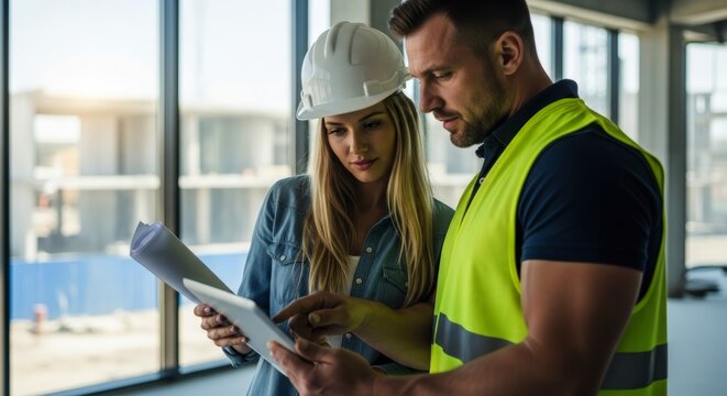 Young female architect and male construction manager reviewing plans on a tablet