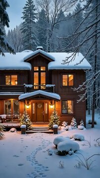 Charming cabin nestled in a snowy forest, with a warm and inviting atmosphere. The house is covered in a thick layer of snow, giving it a cozy