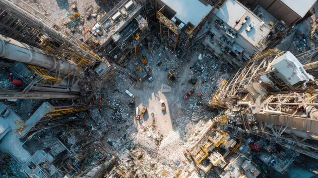 Aerial view of a construction or industrial site with towering machinery, scattered debris, rubble, and ongoing work in a densely developed urban area