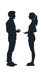 Silhouettes of man and woman facing each other communicating with hand gestures flat minimalist vector illustration isolated on white background