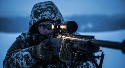 Obraz premium A focused sniper in winter camouflage aiming a high powered rifle with a scope in snowy conditions.