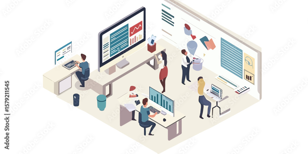 Poster isometric office scene with diverse people analyzing data on multiple computer monitors and wall cha