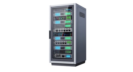 Data center server rack showcasing network equipment and data processing capabilities