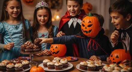 Happy children in halloween costumes enjoying cupcakes at a festive party