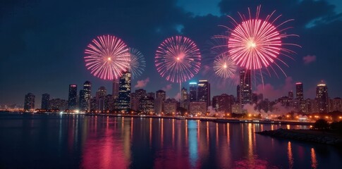 Fototapeta premium Sparkling New Year's Eve fireworks over city skyline, bright, magical, colorful