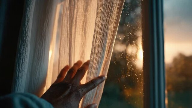 Person's hand touching a window with sunlight and dust particles during sunset, creating a warm and nostalgic atmosphere, outdoor scene through glass