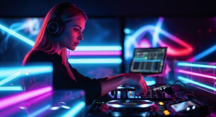 Professional female DJ mixing music on deck with headphones in vibrant neon lit club