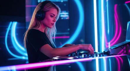 Blonde woman DJ wearing headphones mixing music at a vibrant club with neon lights