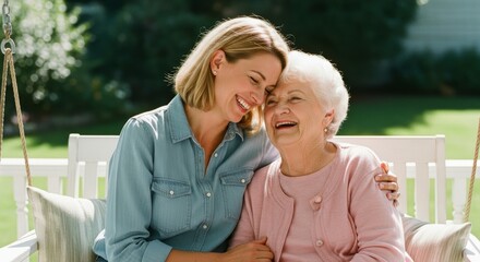 Adult daughter and elderly mother laughing together on a porch swing in a sunny garden