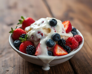 Delightful bowl of creamy dessert topped with fresh berries and sweet sauce on a rustic wooden table
