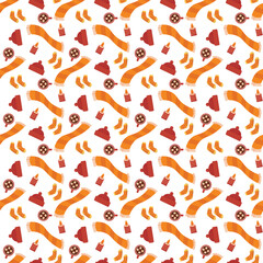 Seamless autumn pattern with cozy clothes and warm item. Background of seasonal apparel