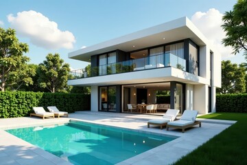 Fototapeta premium Modern dwelling with solar array and pristine pool , summer, minimalist