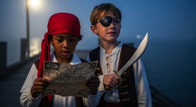 Two young boys dressed as adventurous pirates exploring a treasure map on a foggy pier