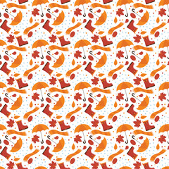 Seamless autumn pattern of rainy fall, rain boot, leaves and umbrella with rain waterdrops