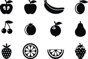Twelve Simple Black Fruit Icons Set on White