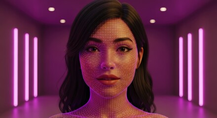 Artificial intelligence woman face with digital grid in futuristic purple neon room