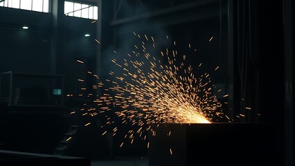 An industrial workshop with glowing sparks, showcasing dynamic energy in a dark environment.
