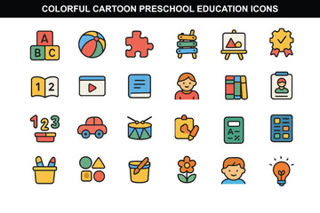 Colorful Cartoon Preschool Education Icons for Kids Learning Apps and Daycare
