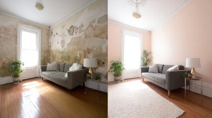 Side-by-side room transformation showing worn outdated decor versus fresh modern furnishings under soft natural lighting.