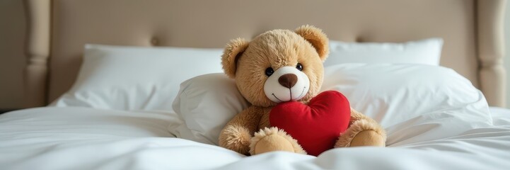 Well-loved teddy bear rests on pristine white headboard , bed, peaceful, relax