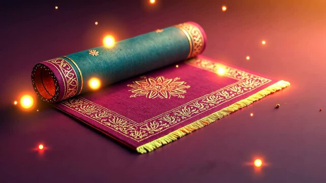 Festive 3D icon of prayer mat unrolling itself with glowing Islamic patterns emerging along its surface in cartoon style. Eid al-Adha, Kurban Bayram, Islamic holiday, family celebration, Muslim feast.